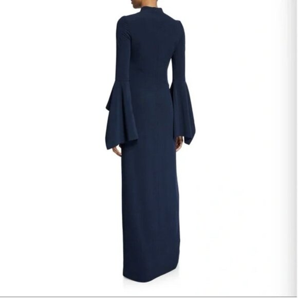 Halston Flounce Sleeve Crepe Gown Dress Maxi Navy Blue Size 14 Retail $425 - Picture 3 of 11